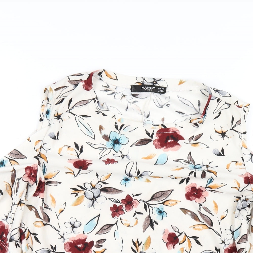 Mango Womens Ivory Floral Polyester Basic T-Shirt Size XS Round Neck