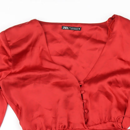 Zara Womens Red Polyester A-Line Size XS V-Neck Button