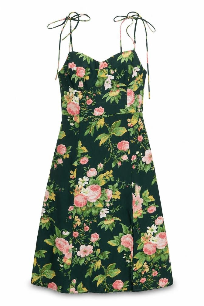 Commense Womens Green Floral Polyester A-Line Size L Sweetheart Zip