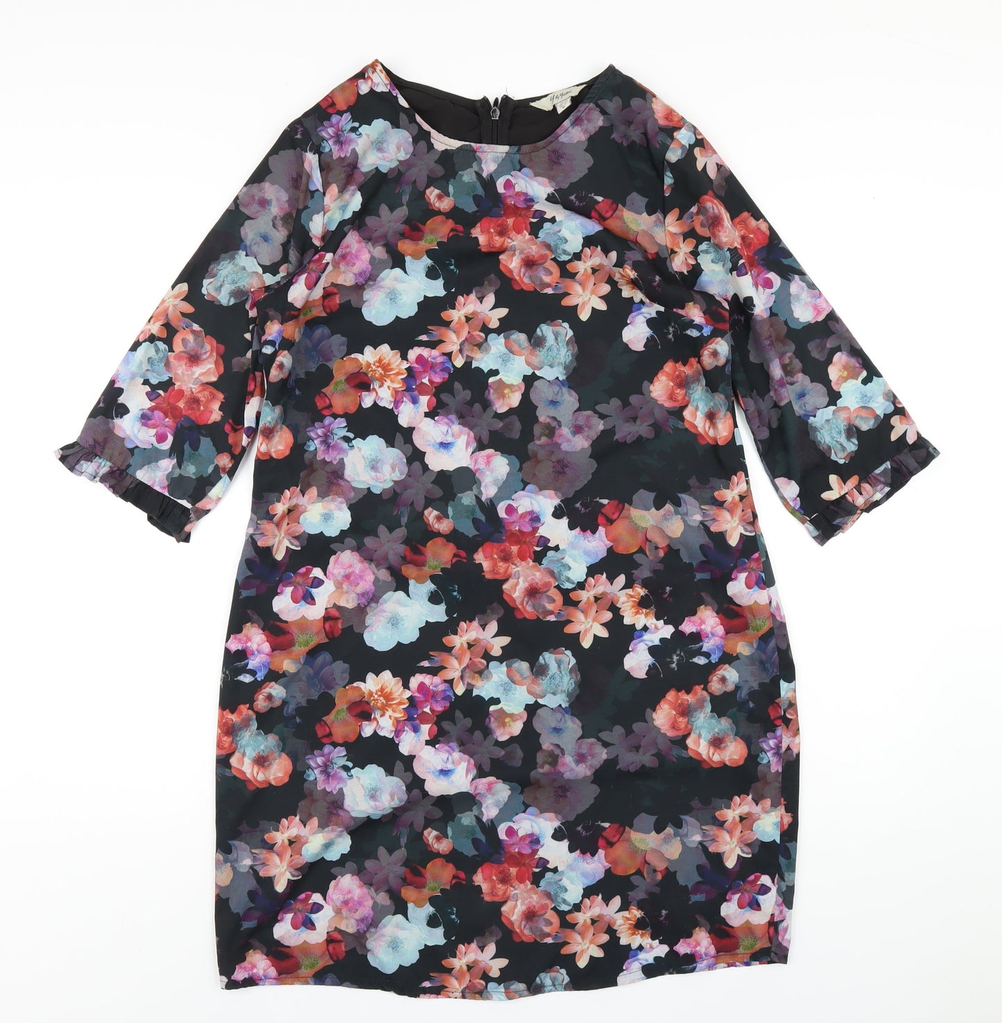 Yumi Womens Black Floral Polyester A-Line Size 12 Round Neck Zip