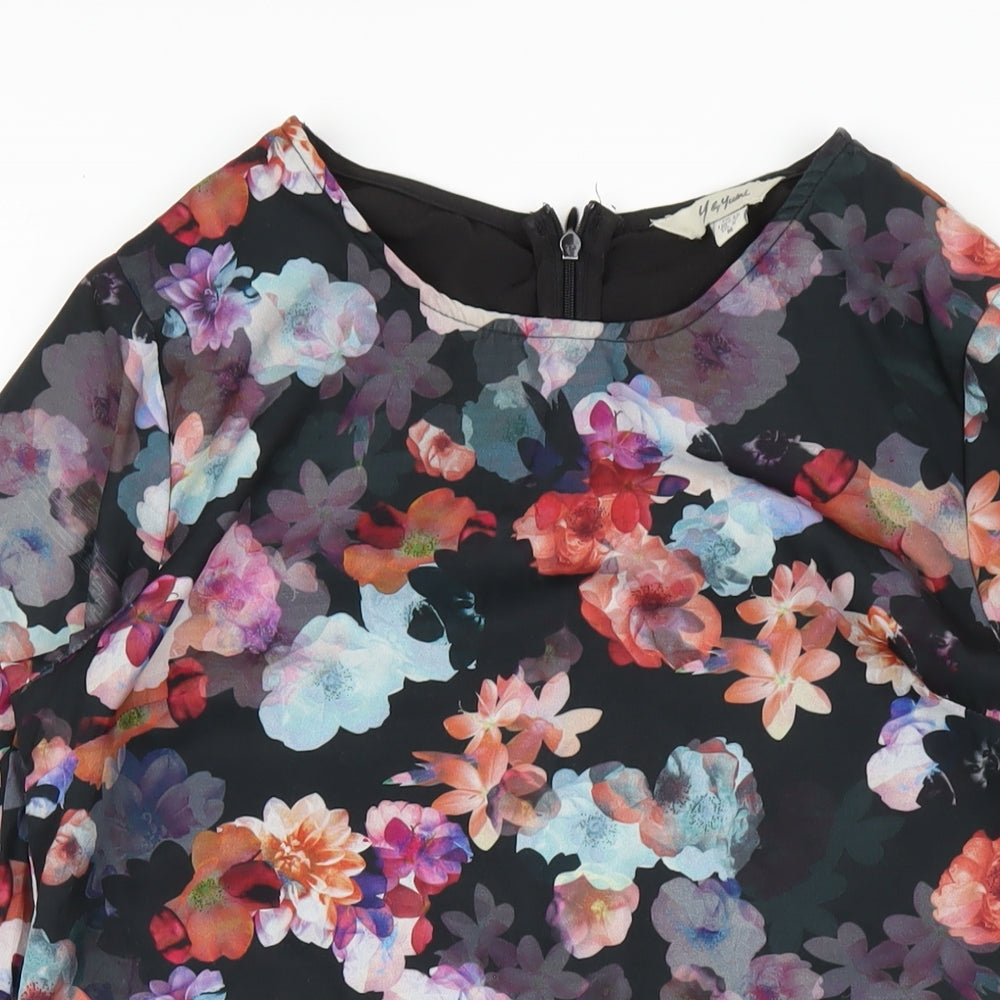 Yumi Womens Black Floral Polyester A-Line Size 12 Round Neck Zip