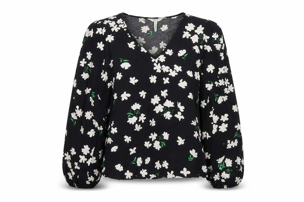 .Object Womens Black Floral Viscose Basic T-Shirt Size 12 V-Neck