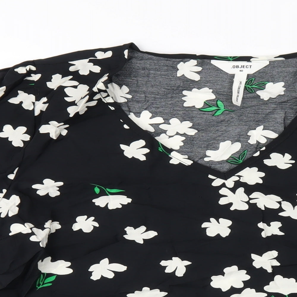 .Object Womens Black Floral Viscose Basic T-Shirt Size 12 V-Neck