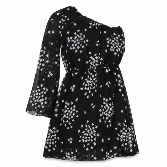 New Look Womens Black Geometric Polyester A-Line Size 8 One Shoulder Pullover