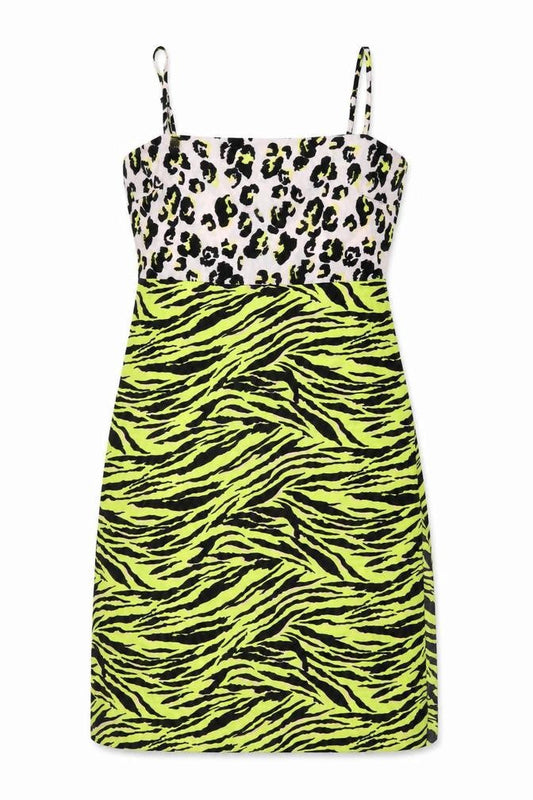 Front view of Miss Selfridge women’s multicoloured animal print polyester a-line, size UK 14, square neck zip