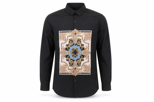 Boohoo Mens Black Geometric Polyester Button-Up Size M Collared Button