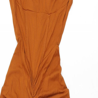 Close-up detail of ASOS women’s orange viscose bodycon, size UK 6, square neck pullover