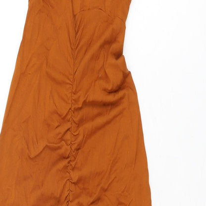 Brand and care label for ASOS women’s orange viscose bodycon, size UK 6, square neck pullover