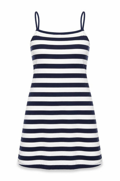Front view of ASOS women’s white striped polyester mini, size UK 16, square neck pullover