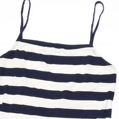 Close-up detail of ASOS women’s white striped polyester mini, size UK 16, square neck pullover