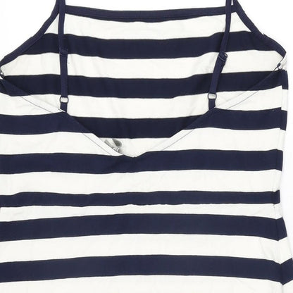 Brand and care label for ASOS women’s white striped polyester mini, size UK 16, square neck pullover
