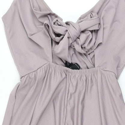 Brand and care label for ASOS women’s purple polyester a-line, size UK 12, v-neck tie