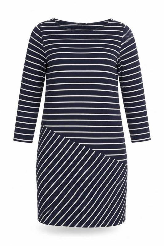 Front view of French Connection women’s blue striped cotton bodycon, size UK 12, boat neck pullover
