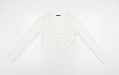 Zara Womens White Polyester Basic Button-Up Size M V-Neck