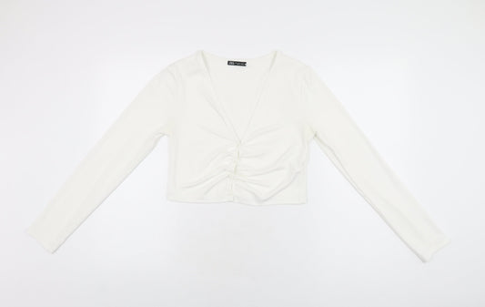 Zara Womens White Polyester Basic Button-Up Size M V-Neck