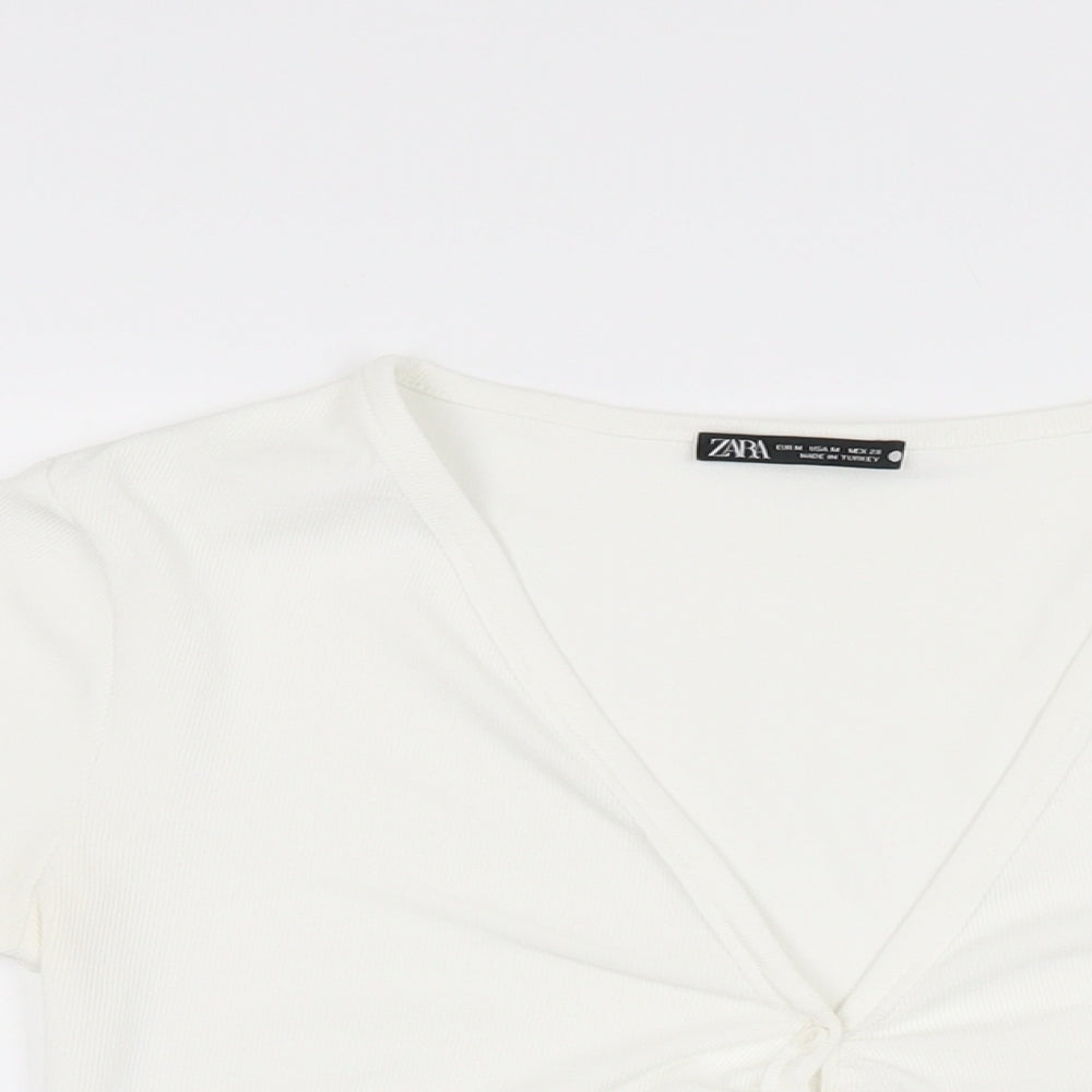 Zara Womens White Polyester Basic Button-Up Size M V-Neck