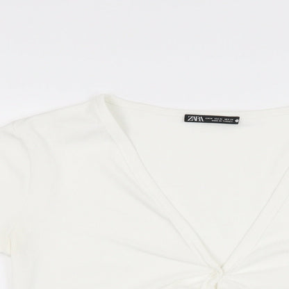 Zara Womens White Polyester Basic Button-Up Size M V-Neck