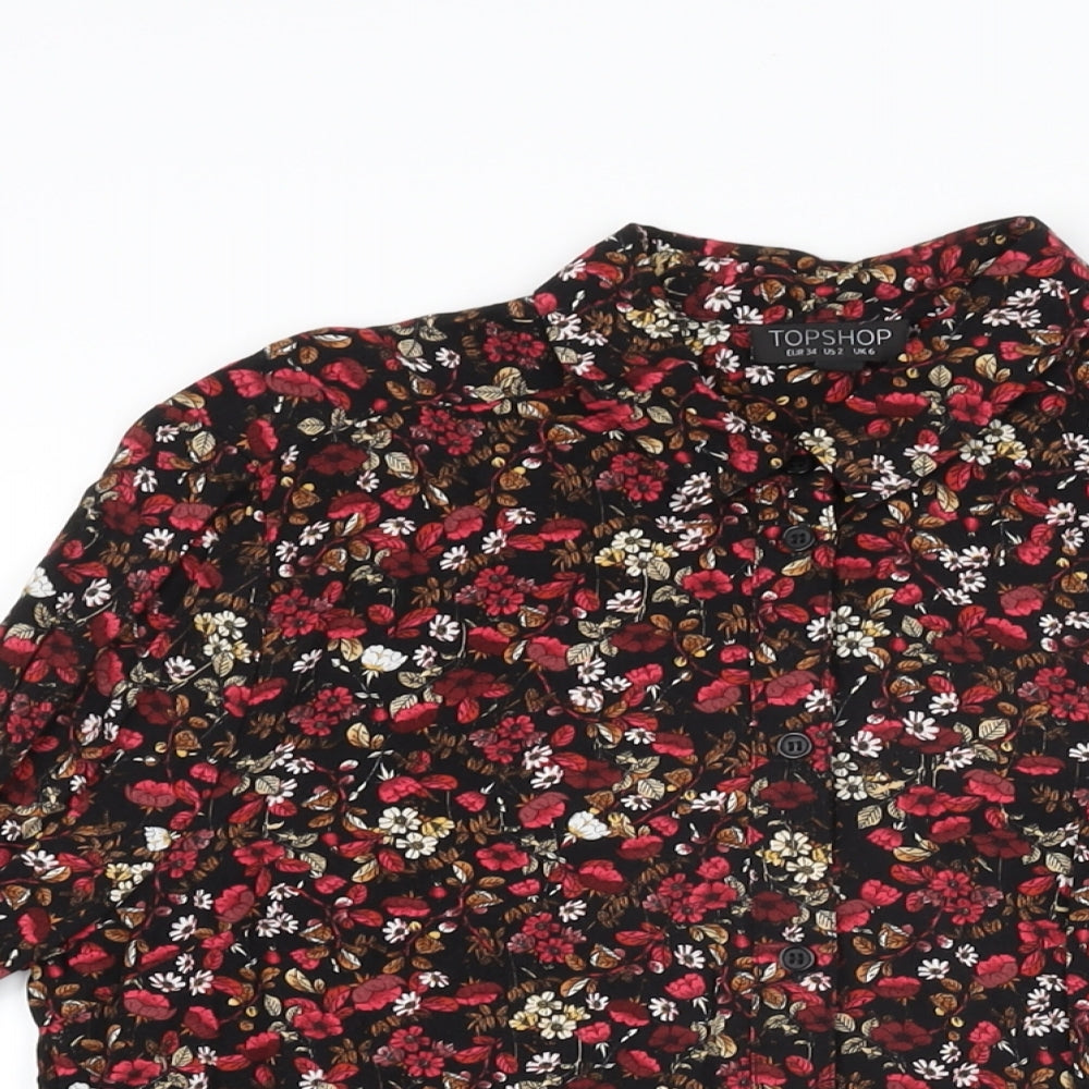 Topshop Womens Black Floral Viscose Basic Button-Up Size 6 Collared