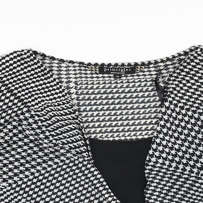 Close-up detail of Principles women’s black geometric polyester basic t-shirt, size UK 16, v-neck