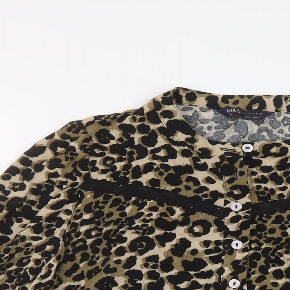 Marks and Spencer Womens Brown Animal Print Viscose Basic Blouse Size 12 Crew Neck