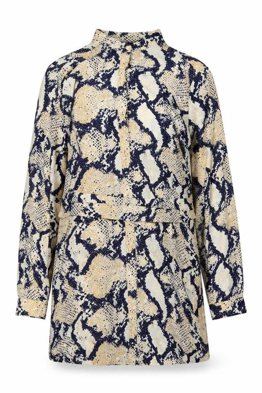 Front view of Missguided women’s beige animal print polyester tunic blouse, size UK 10, mock neck