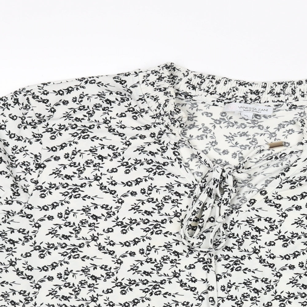 Vanessa Zani Womens White Floral Polyester Basic Blouse Size XL V-Neck