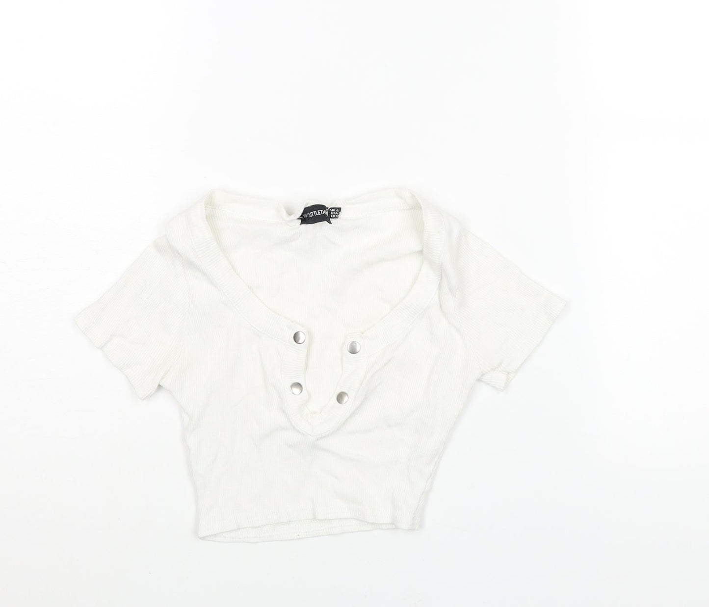 PRETTYLITTLETHING Womens White Cotton Cropped T-Shirt Size 4 V-Neck - Snap Detail Ribbed