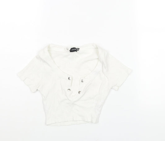 PRETTYLITTLETHING Womens White Cotton Cropped T-Shirt Size 4 V-Neck - Snap Detail Ribbed