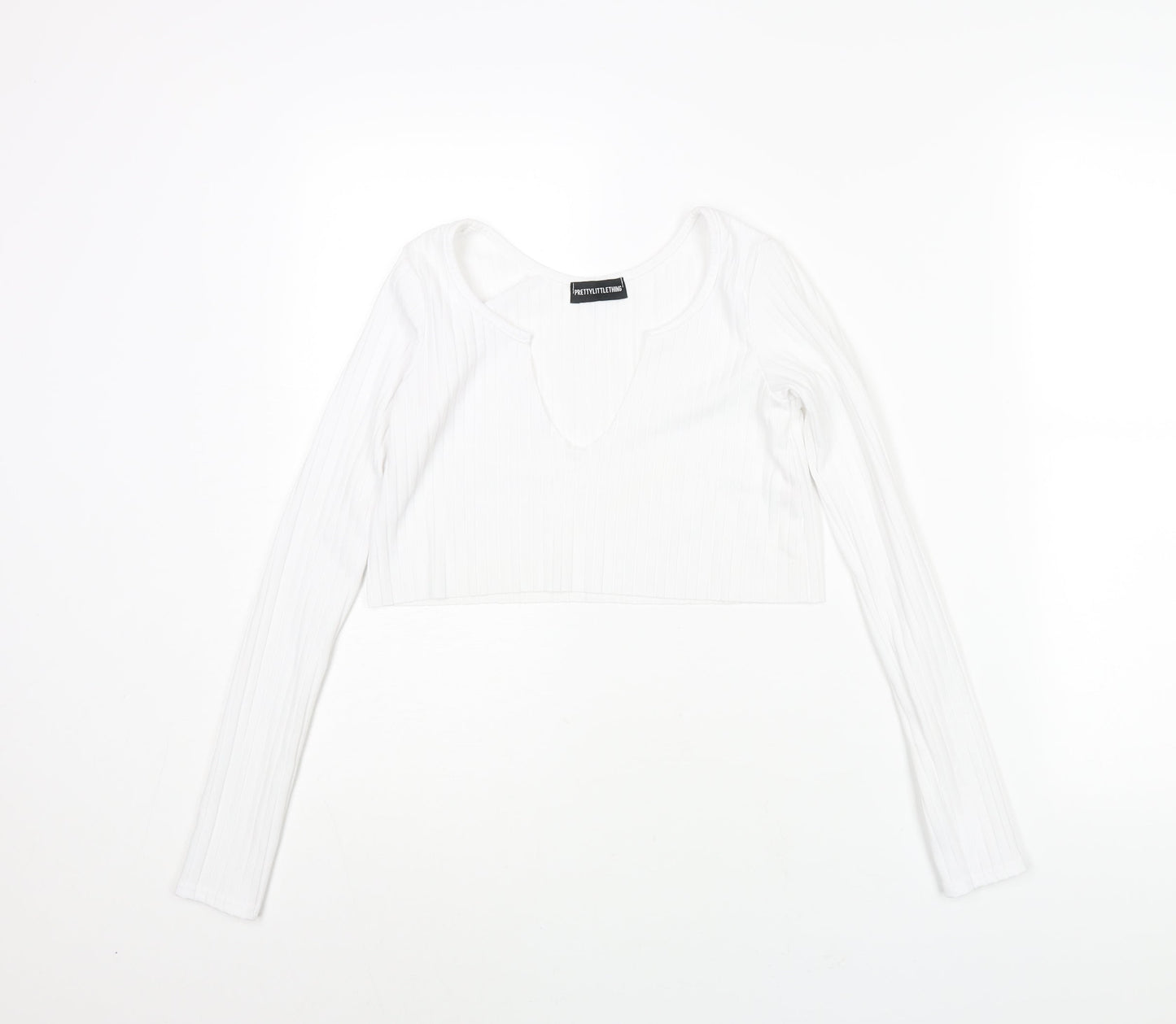 PRETTYLITTLETHING Womens White Polyester Cropped Blouse Size 4 V-Neck - Ribbed