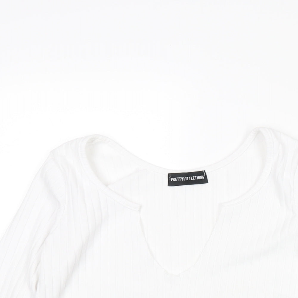 PRETTYLITTLETHING Womens White Polyester Cropped Blouse Size 4 V-Neck - Ribbed