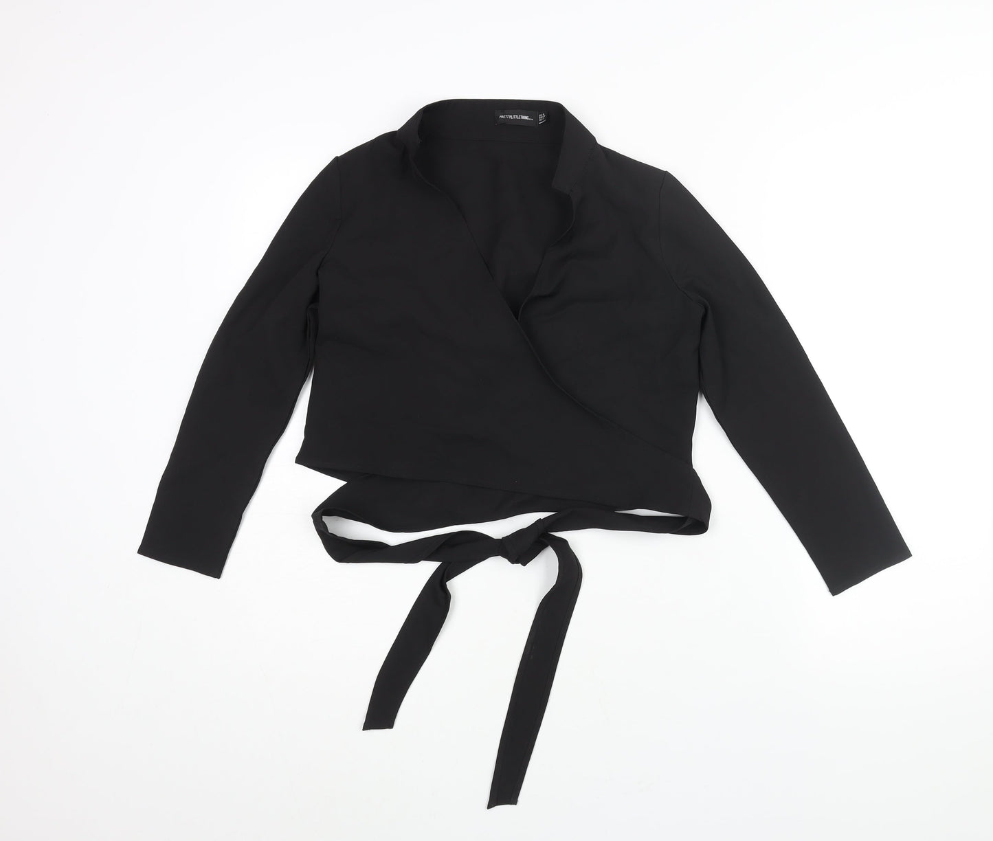 PRETTYLITTLETHING Womens Black Polyester Wrap Blouse Size 4 V-Neck