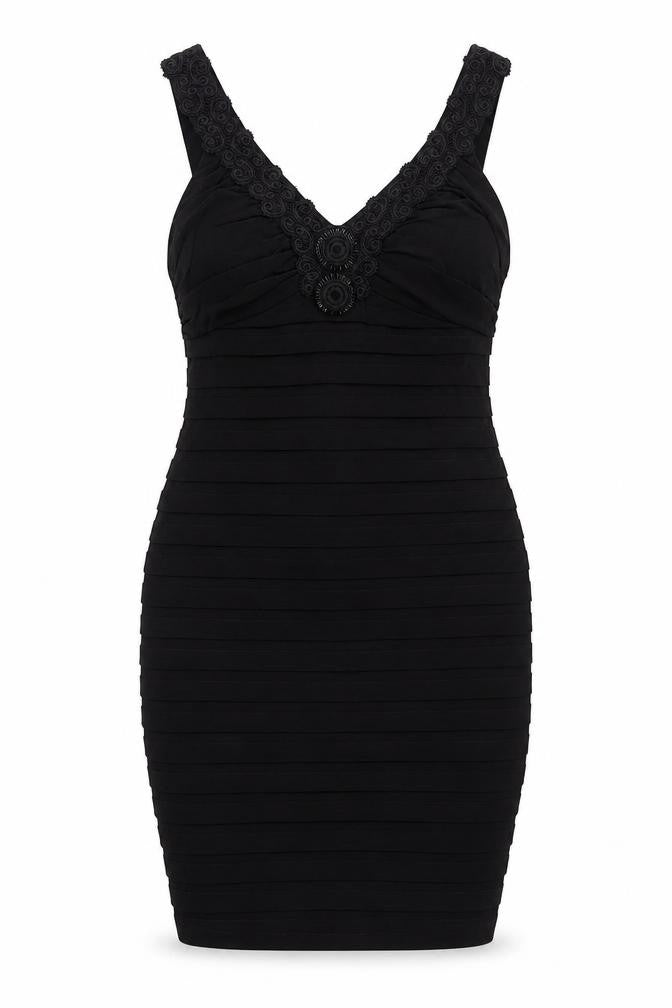 Wallis Womens Black Polyester Bodycon Size 14 V-Neck Zip - Pleated Lace Sequin Detail