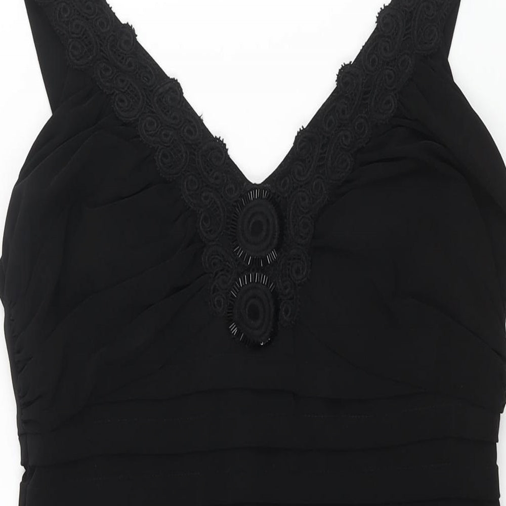 Wallis Womens Black Polyester Bodycon Size 14 V-Neck Zip - Pleated Lace Sequin Detail