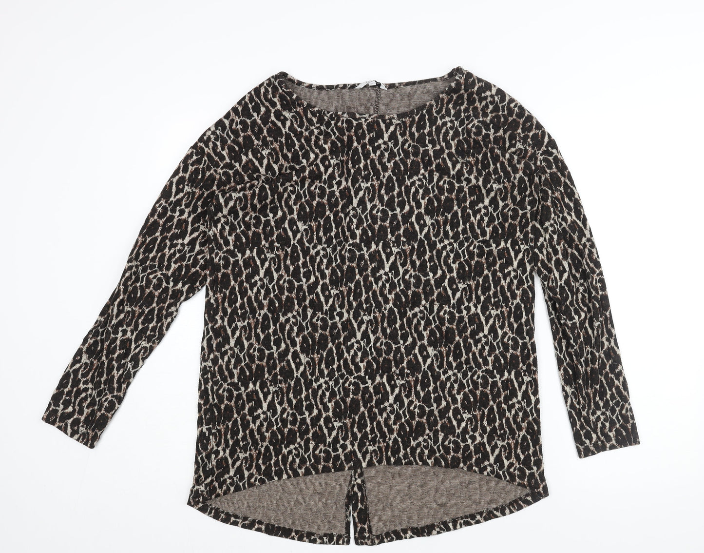 NEXT Womens Brown Round Neck Animal Print Viscose Pullover Jumper Size 12 - Button Detail Leopard Print