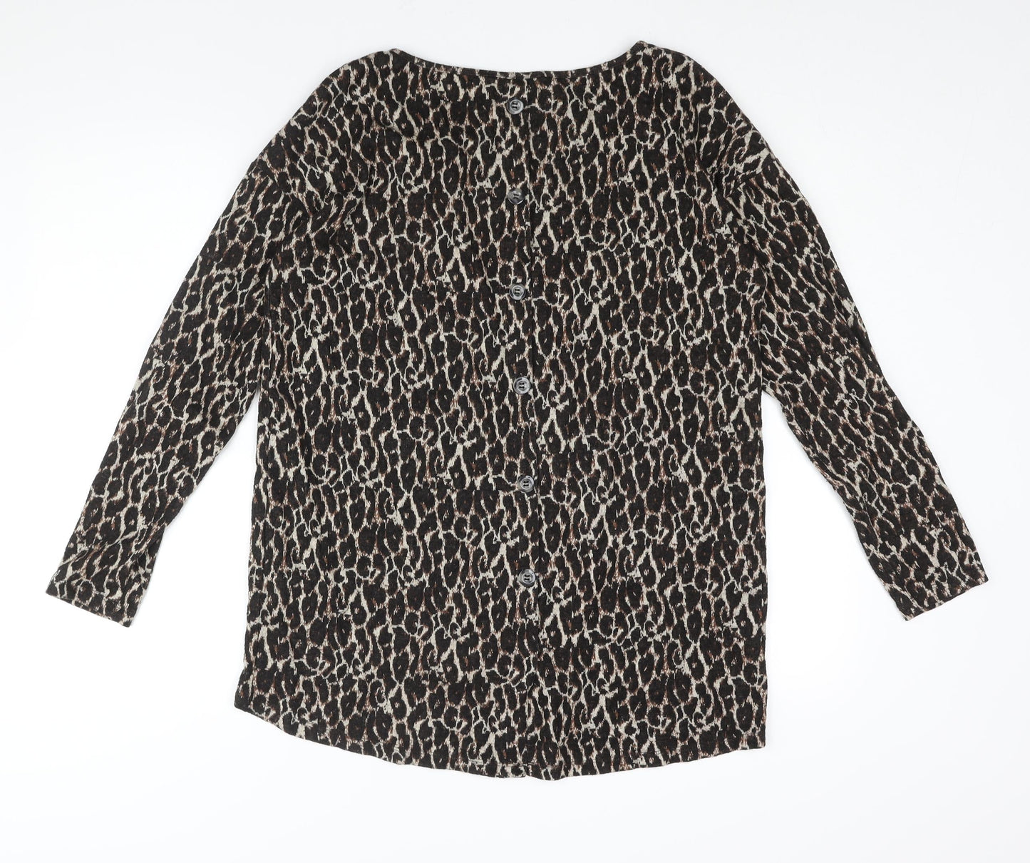 NEXT Womens Brown Round Neck Animal Print Viscose Pullover Jumper Size 12 - Button Detail Leopard Print
