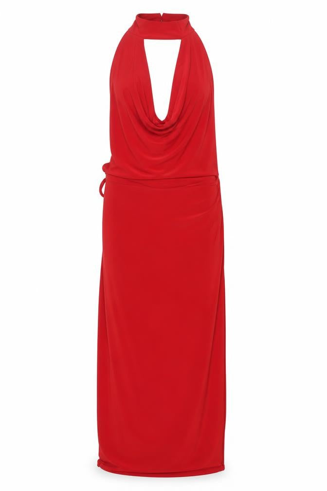 PRETTYLITTLETHING Womens Red Polyester Bodycon Size 8 Halter Button - Cowl Neck Backless