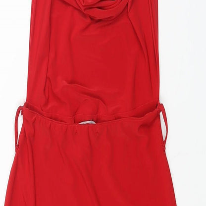 PRETTYLITTLETHING Womens Red Polyester Bodycon Size 8 Halter Button - Cowl Neck Backless