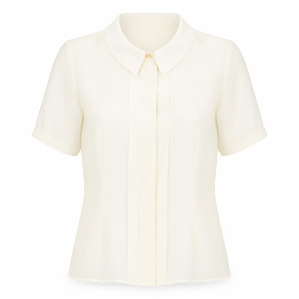 St Michael Womens Ivory Polyester Basic Blouse Size 10 Collared - Embroidered Collar Pleated Front