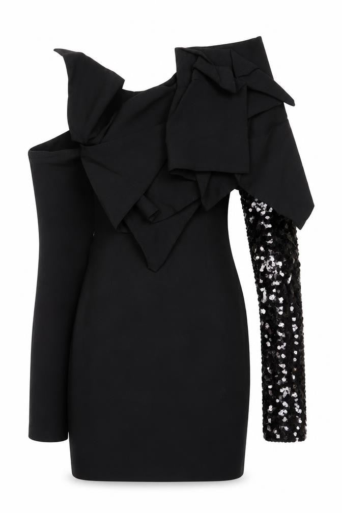 Aqua Womens Black Viscose Mini Size 8 One Shoulder Zip - Sequin Sleeve Shoulder Detail