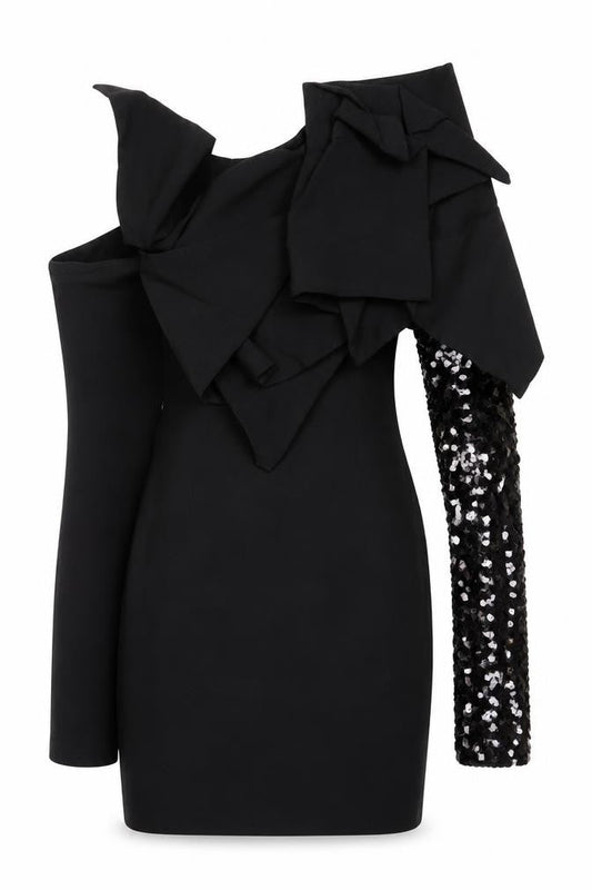 Aqua Womens Black Viscose Mini Size 8 One Shoulder Zip - Sequin Sleeve Shoulder Detail