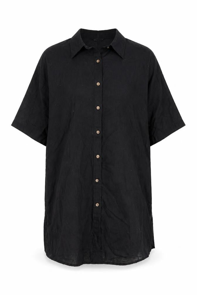 H&M Womens Black Linen Shirt Dress Size S Collared Button