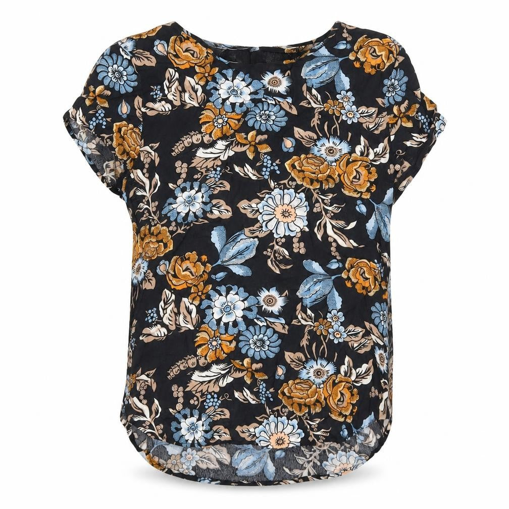 H&M Womens Black Floral Viscose Basic T-Shirt Size 8 Round Neck