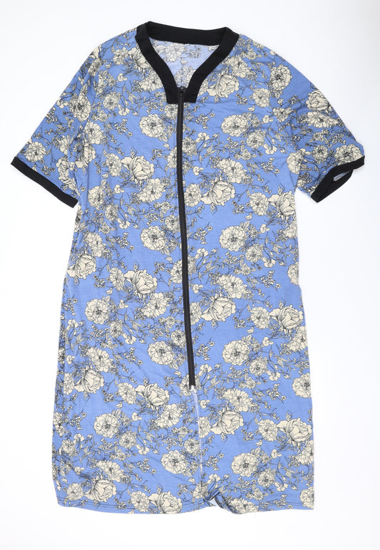 Besdel Womens Blue Floral Cotton T-Shirt Dress Size XL V-Neck Zip