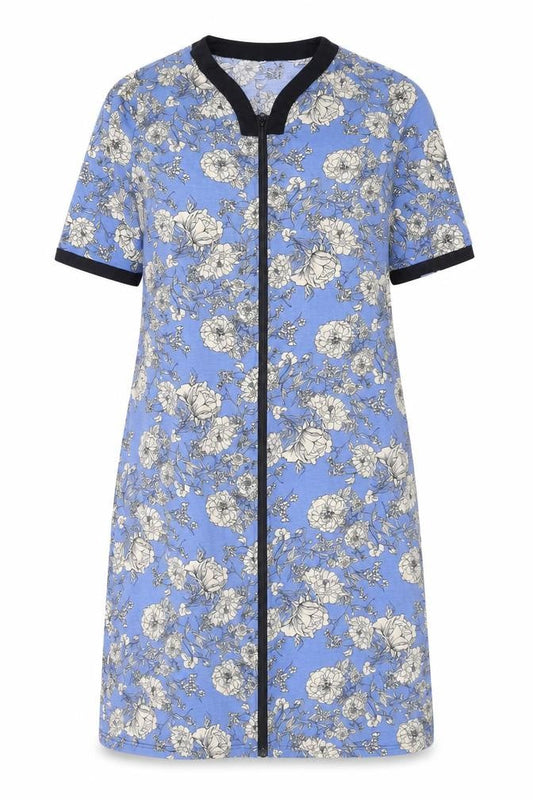 Besdel Womens Blue Floral Cotton T-Shirt Dress Size XL V-Neck Zip