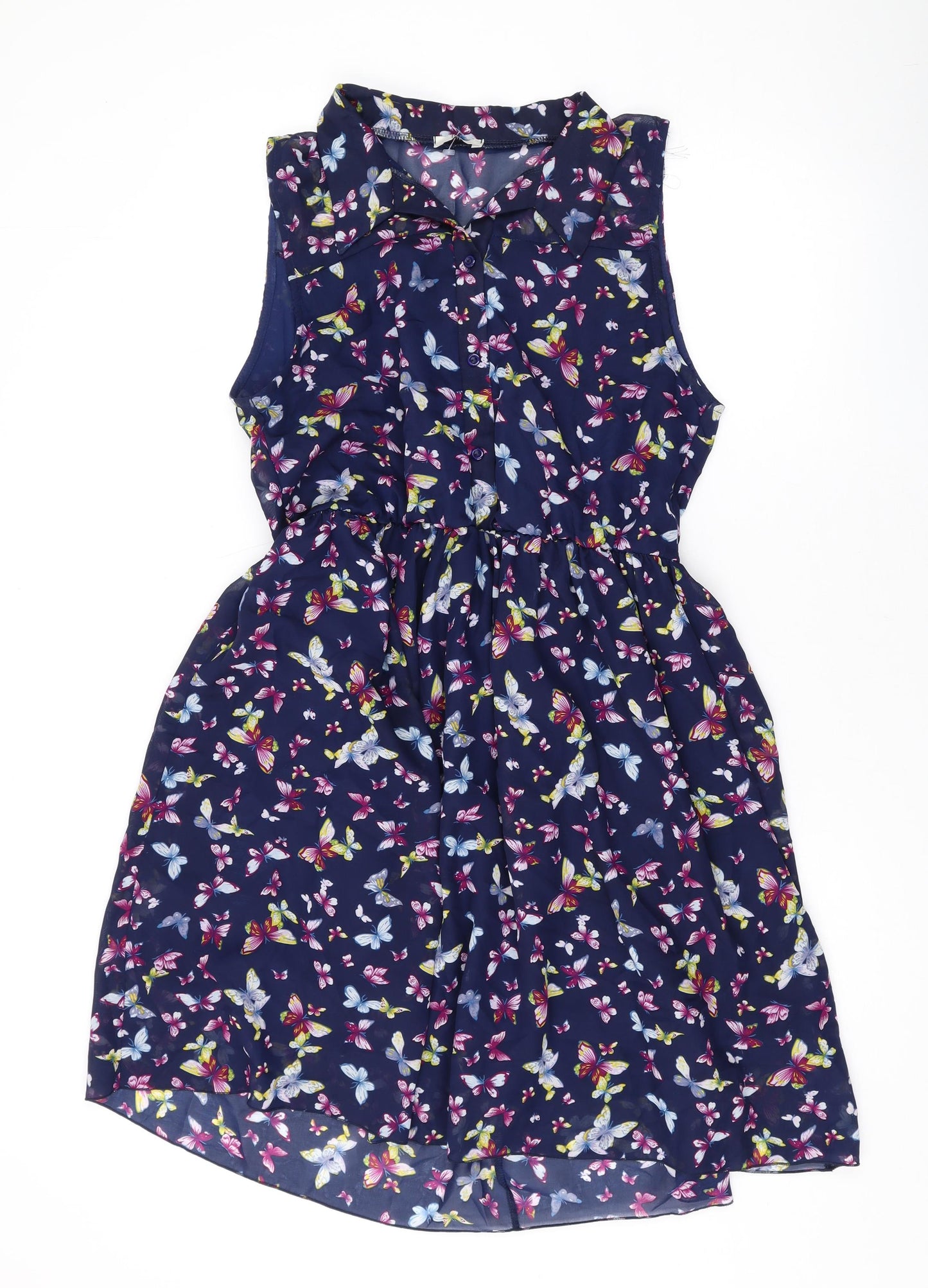 Lili Womens Blue Geometric Polyester A-Line Size 14 V-Neck Button