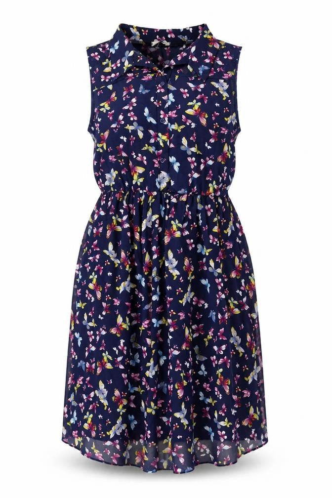 Lili Womens Blue Geometric Polyester A-Line Size 14 V-Neck Button