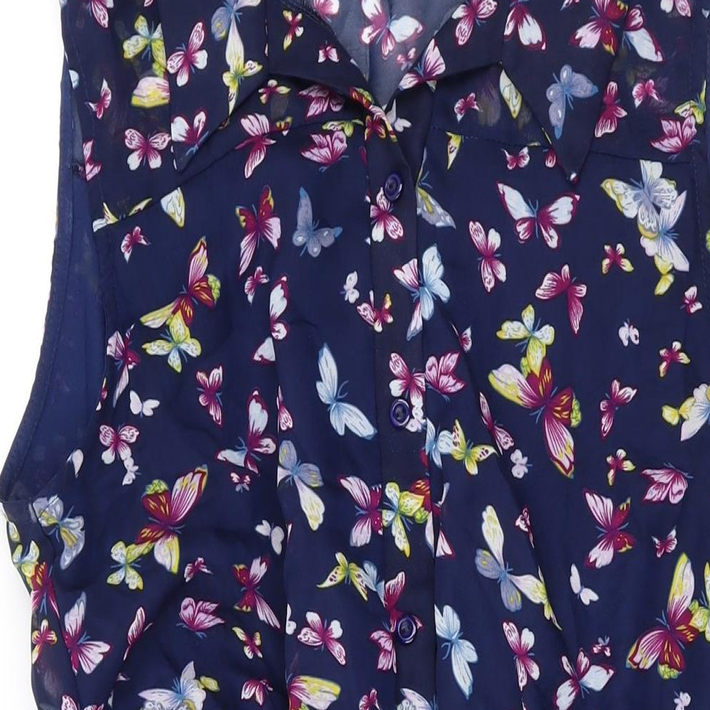 Lili Womens Blue Geometric Polyester A-Line Size 14 V-Neck Button