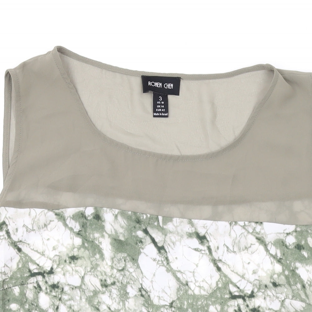 Ronen Chen Womens Green Geometric Polyester Basic Tank Size 14 Round Neck