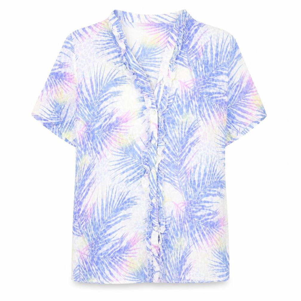 EWM Womens Blue Geometric Polyester Basic Button-Up Size 12 V-Neck