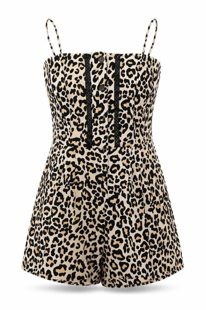 Topshop Womens Brown Animal Print Polyester Playsuit One-Piece Size 8 L3 in Button - Leopard Print